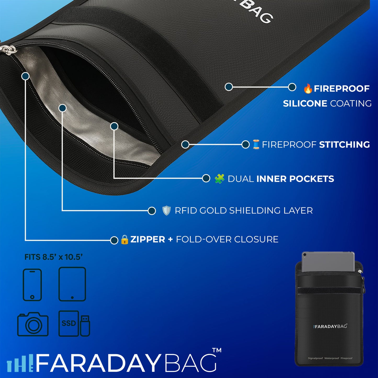 EMP Faraday Bag for Electronics & Documents 8.5" x 10.5" |-Fireproof & Waterproof