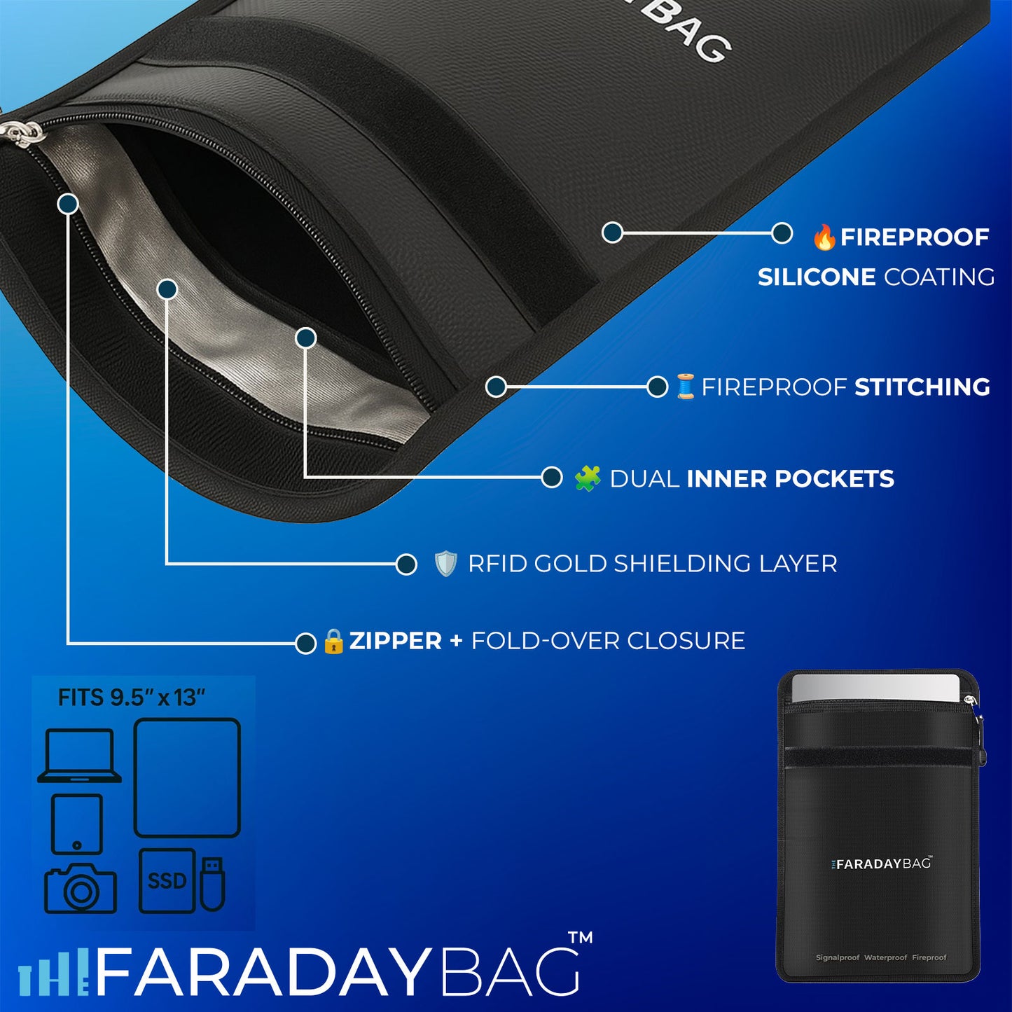 Faraday bag for laptops 9.5” x 13” | Fireproof & Waterproof