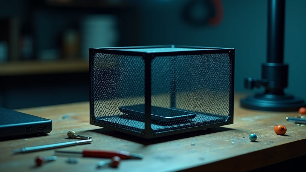 A DIY metal mesh Faraday cage enclosure with a phone inside