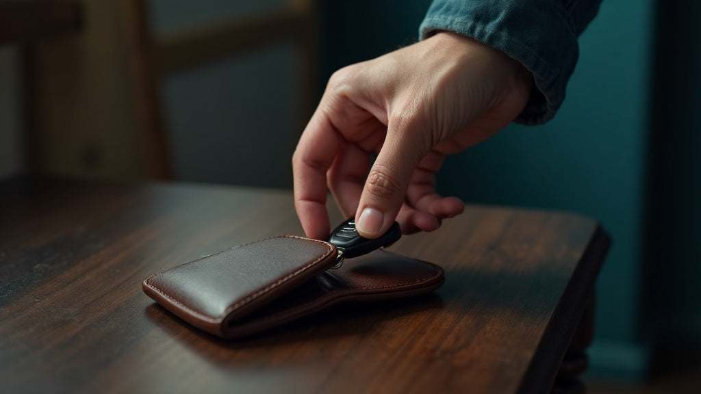 Placing a car key fob into a leather Faraday pouch