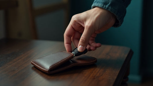 Placing a car key fob into a leather Faraday pouch