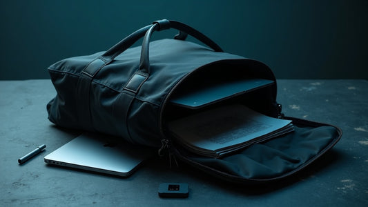 A large EMP Faraday bag with electronics and documents beside it