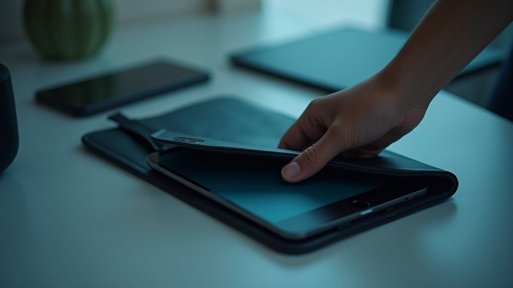 A tablet sliding into a Faraday shielding sleeve