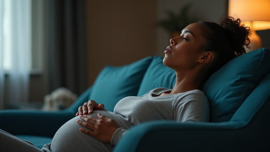 Pregnant woman relaxing at home wearing a silver-fiber top