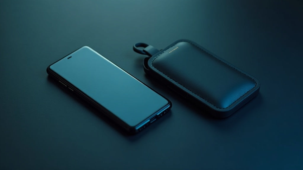 A smartphone beside a Faraday phone pouch