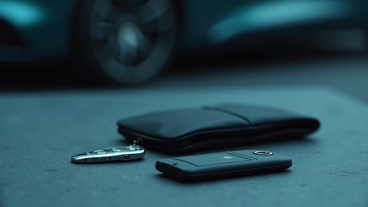 Car key fob next to a Faraday bag that stops relay theft