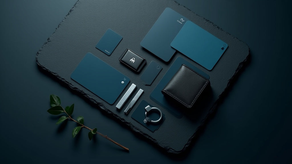 Flat lay of privacy and security gift items including RFID cards and pouches