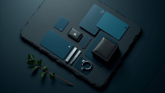 Flat lay of privacy and security gift items including RFID cards and pouches