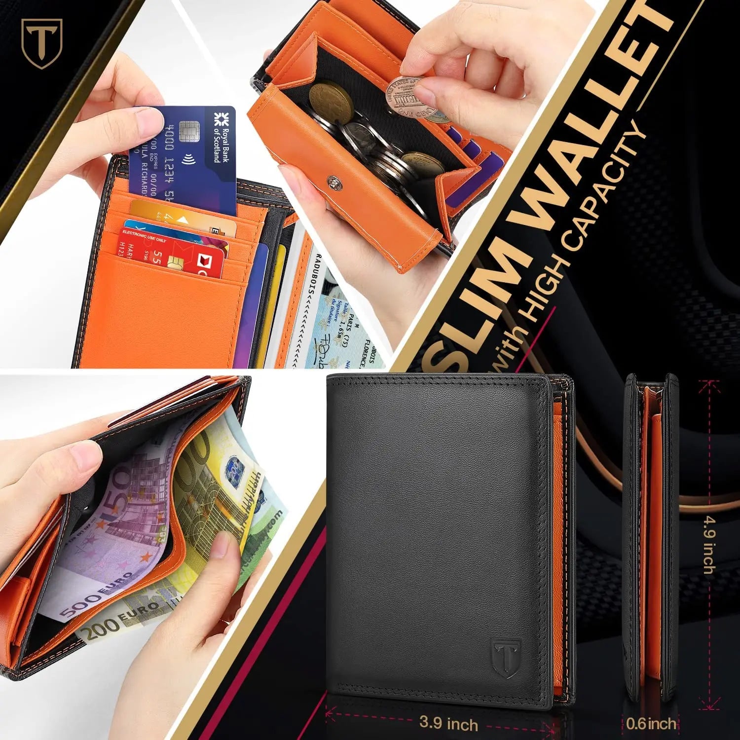 Black genuine leather RFID blocking wallet with card slots — view 2