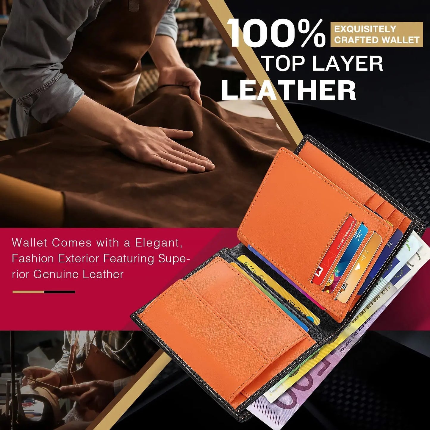 Black genuine leather RFID blocking wallet with card slots — view 4