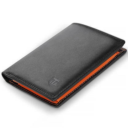 Black genuine leather RFID blocking wallet with card slots