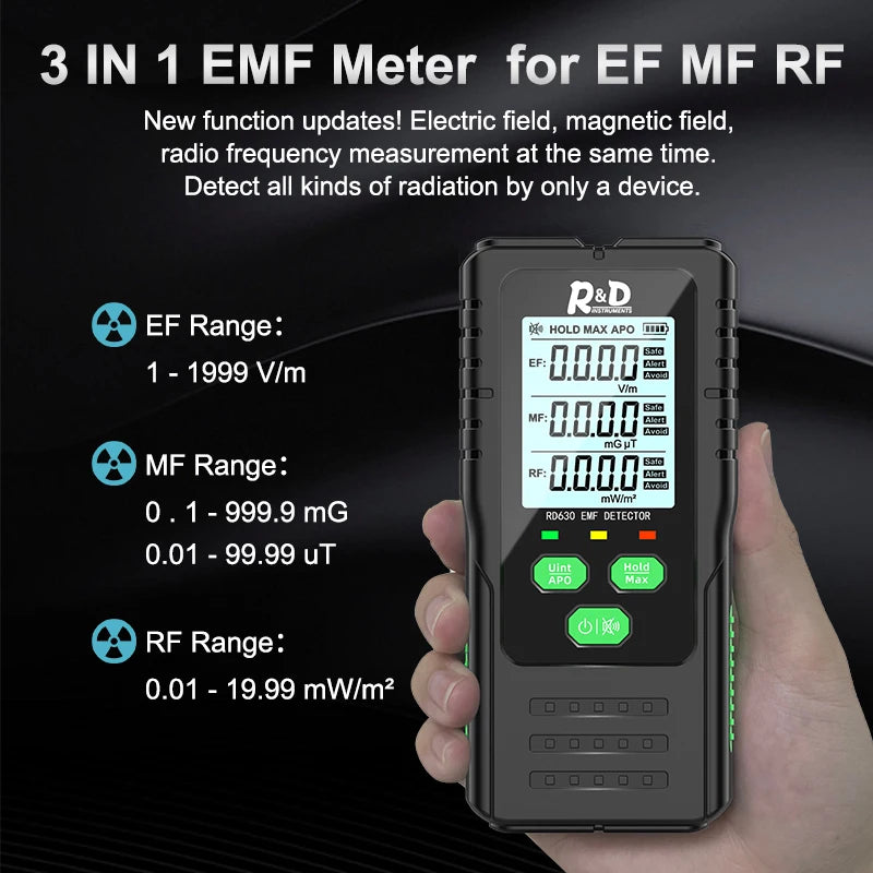 R&D RD630 3-in-1 EMF meter measuring electromagnetic fields — view 4