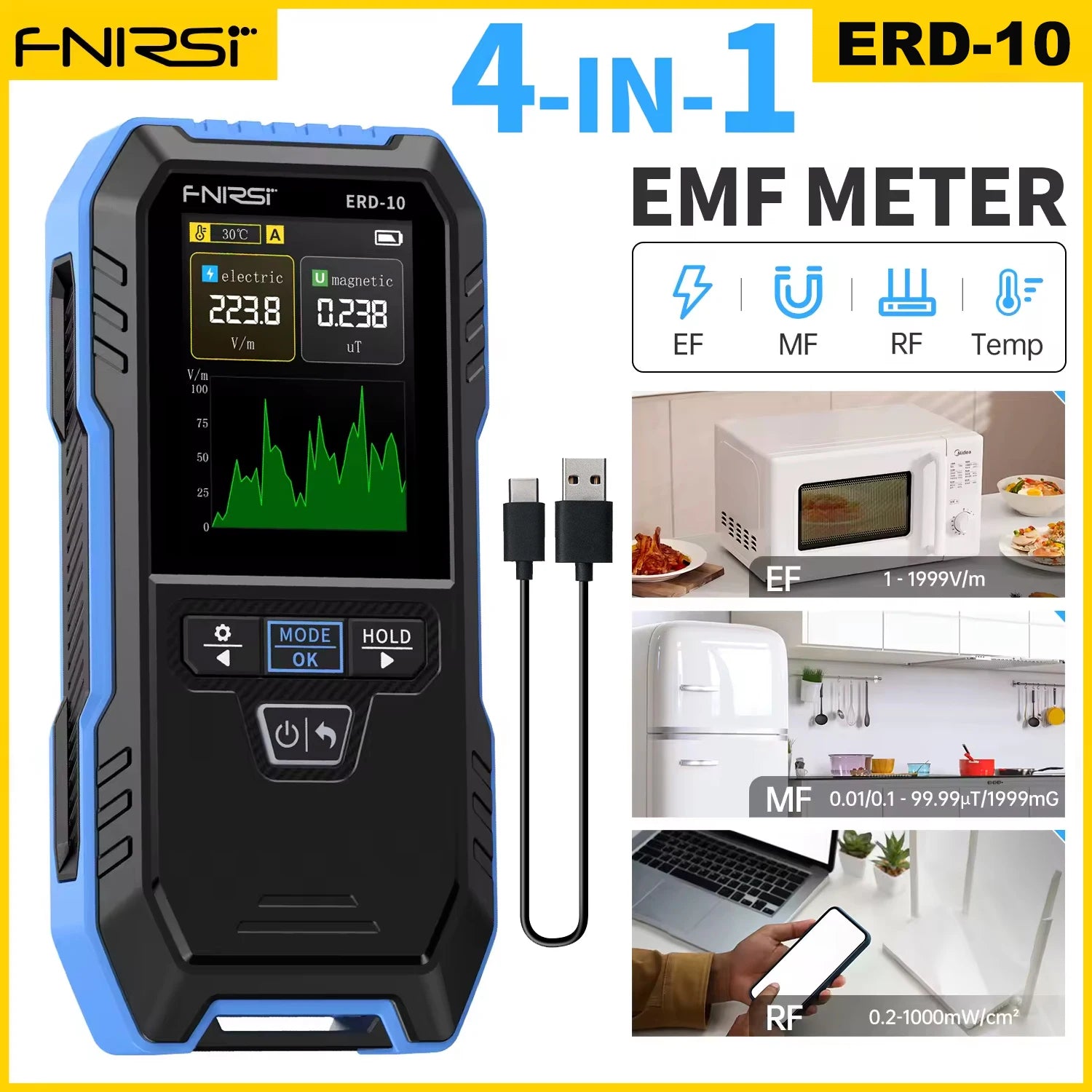 FNIRSI ERD-10 4-in-1 EMF meter with color display