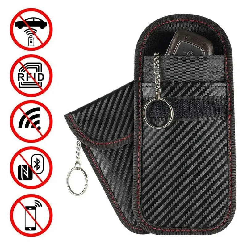 Carbon-look key fob Faraday pouch with key ring — image 1