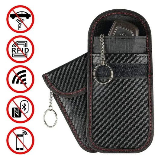 Carbon-look key fob Faraday pouch with key ring — image 1