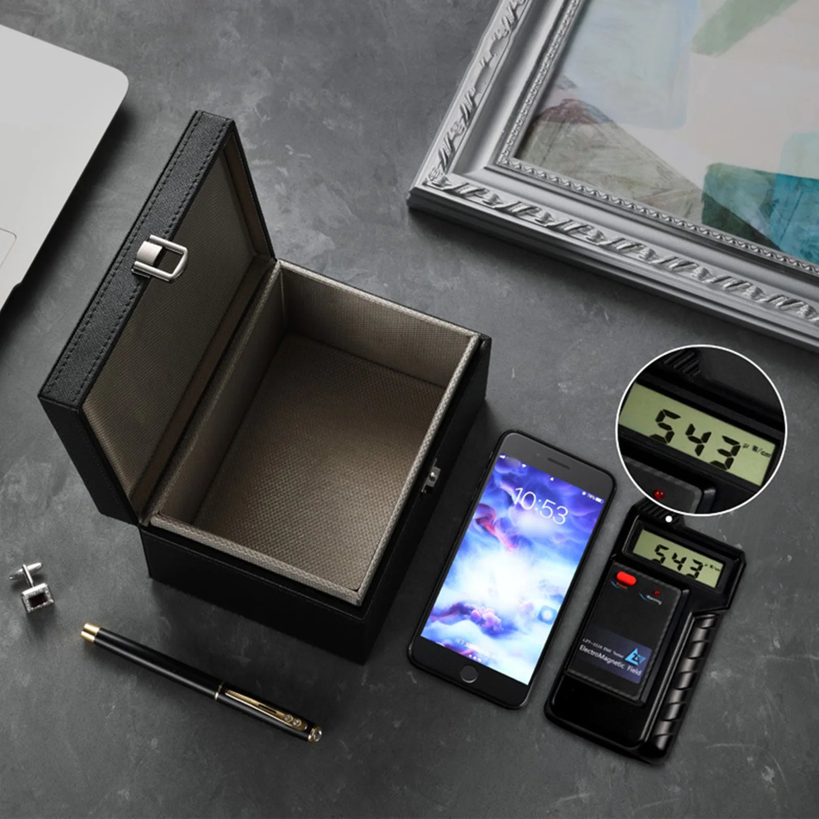 PU leather Faraday box for car keys with lid open — view 3