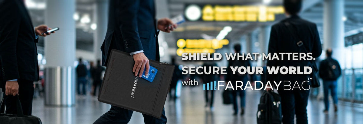 Man carrying a black Faraday document bag through an airport — Shield what matters, The Faraday Bag