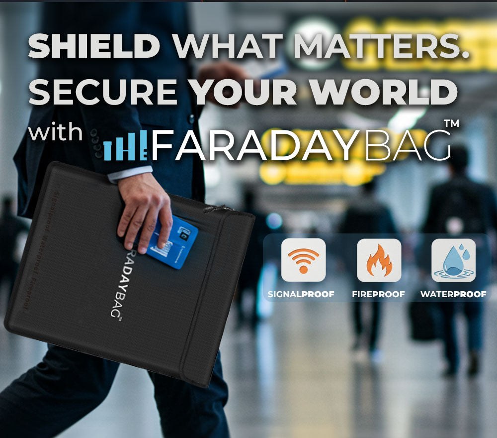 Black Faraday document bag carried through an airport, with signal, fire and water icons